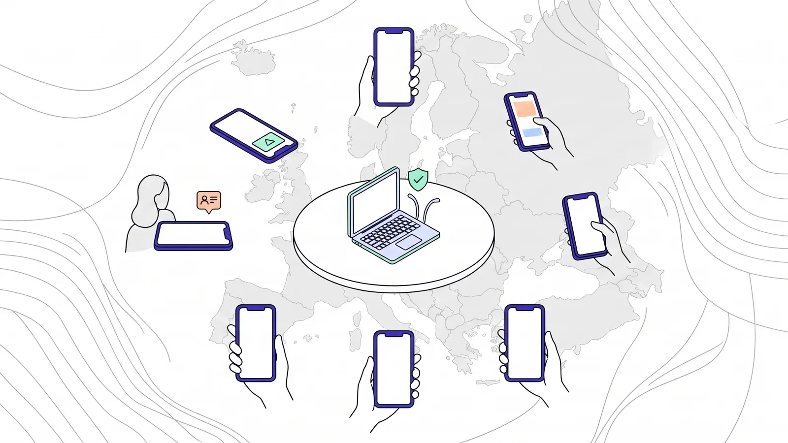 Illustration of phones held in hands around a map of Europe, with a laptop and a shield with a tick on a central platform.