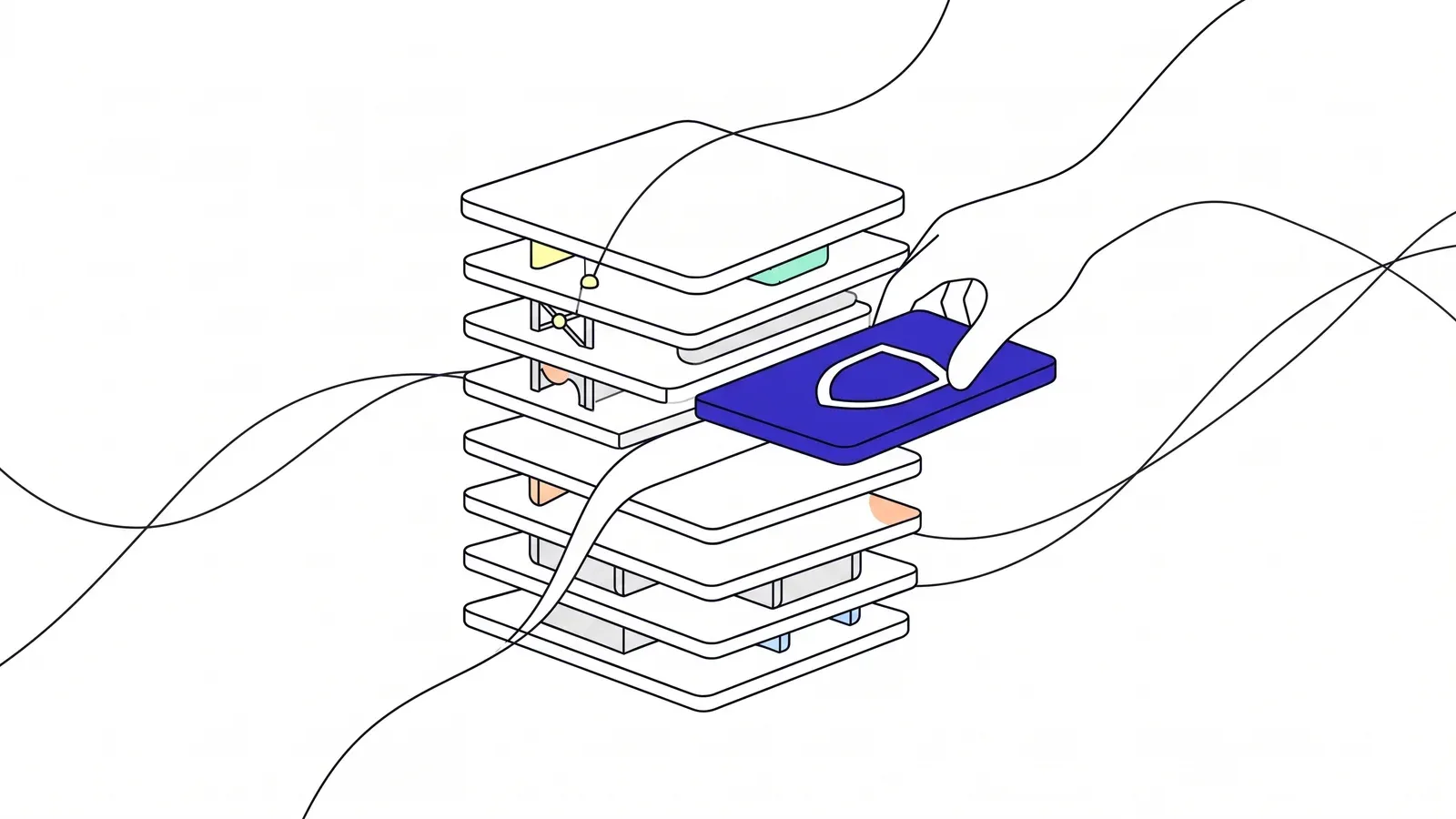 Illustration of a stack of layers with a gap, and a hand lowering a new indigo layer with a shield into it.