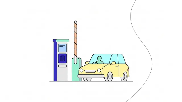 Illustration of a raised car park barrier beside a reader post, with a car waiting to drive through.