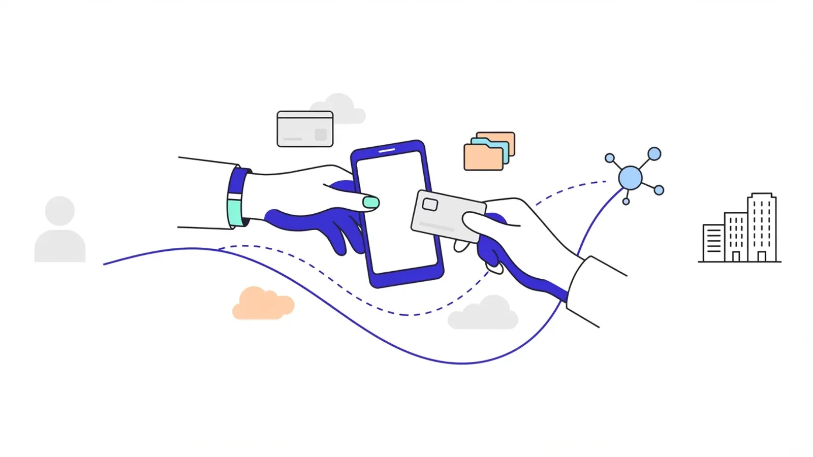 Illustration of one hand holding a phone and another offering a card, with flowing lines linking a person to a network node and office buildings.