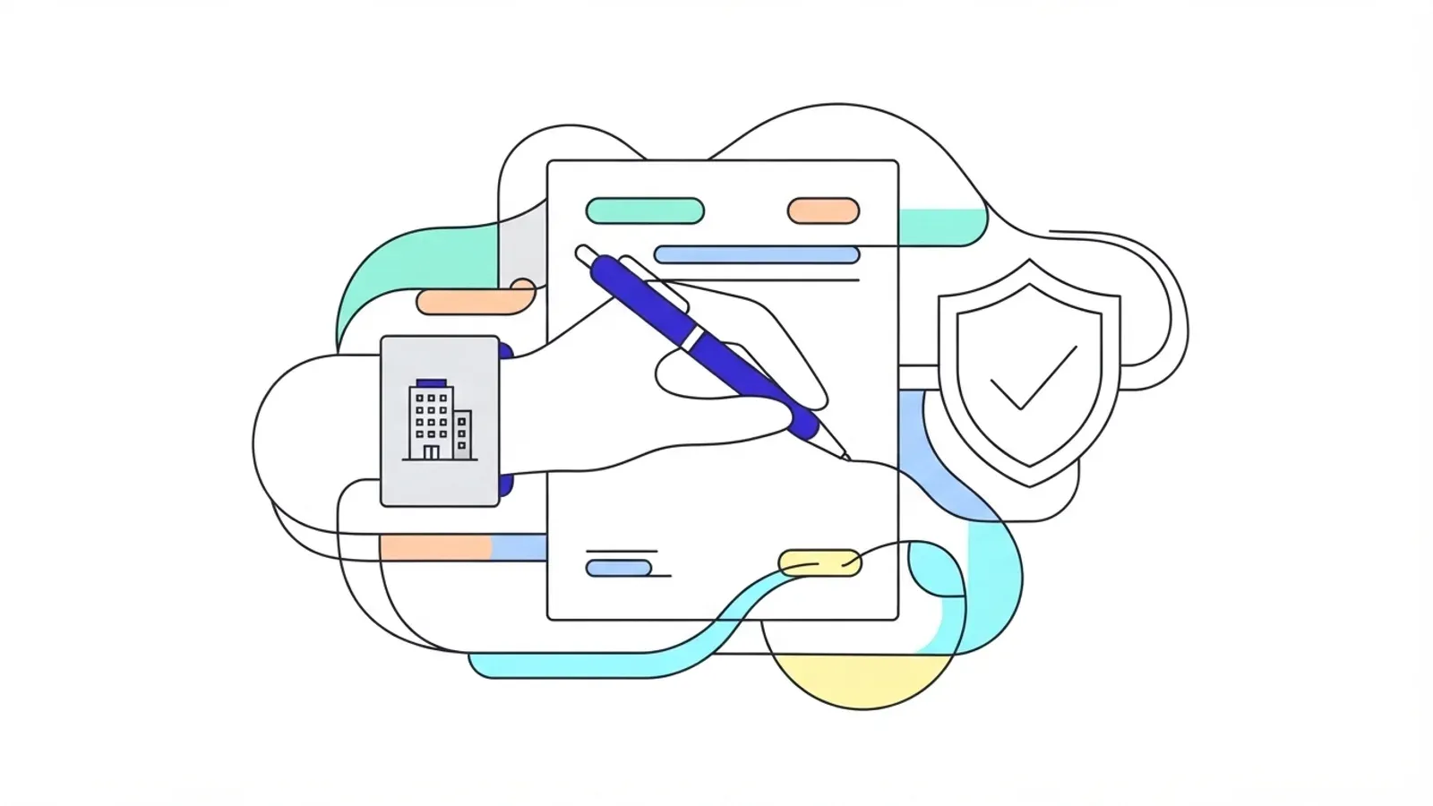 Illustration of a hand holding a company badge while signing a document with a pen, beside a shield with a tick.