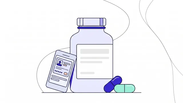 Illustration of a medicine bottle and two capsules with a ticked EU Digital Identity Wallet on a mobile screen leaning against the bottle.