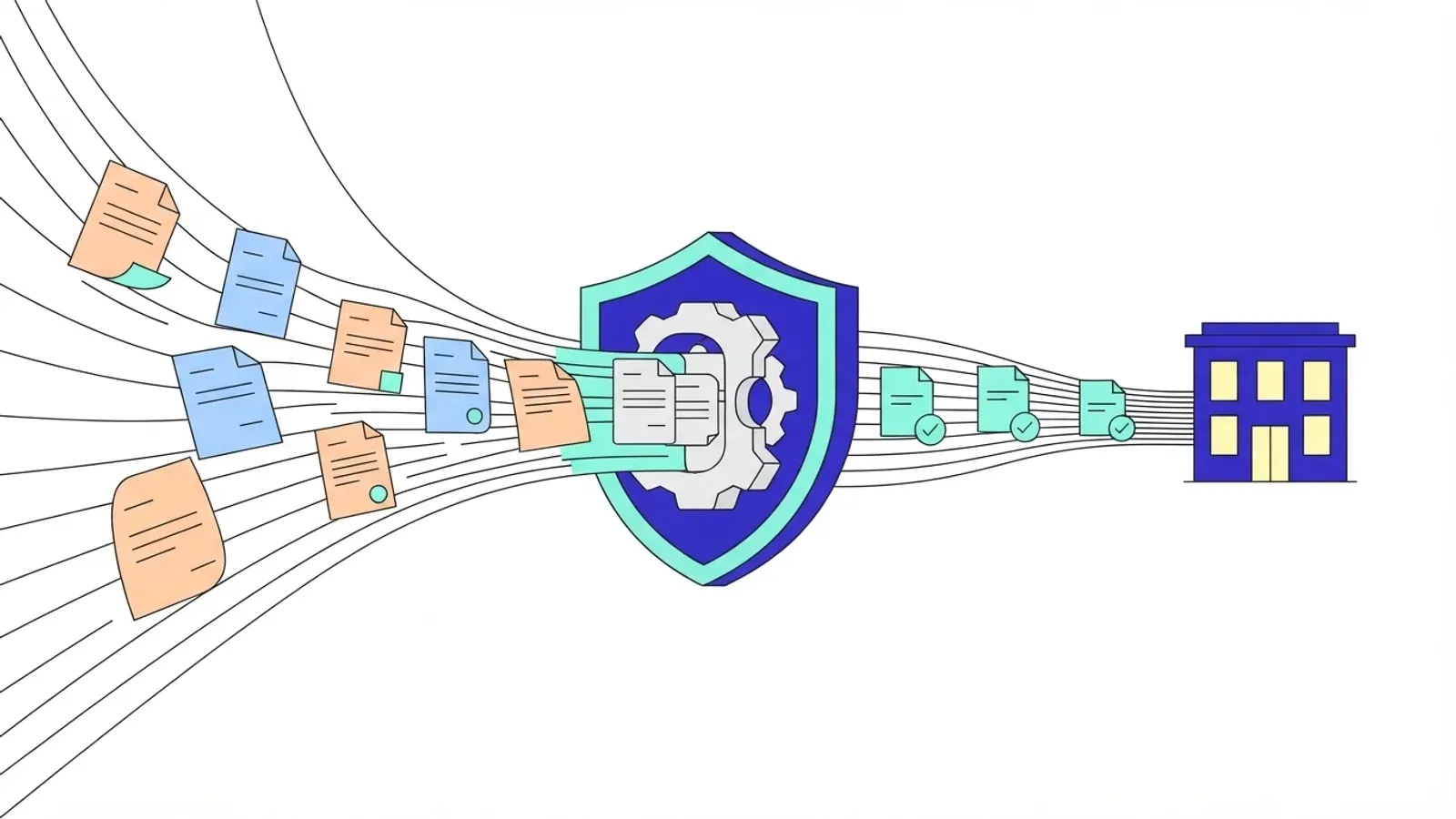 Illustration of a stream of claim documents passing through a shield with a gear, emerging as ticked documents headed to an insurer's building.