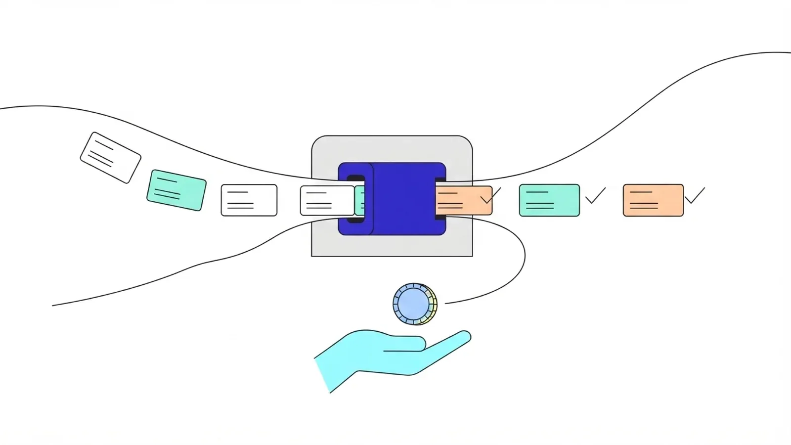 Illustration of credential cards passing through an automated checking machine and coming out ticked, while a coin drops into an open hand.