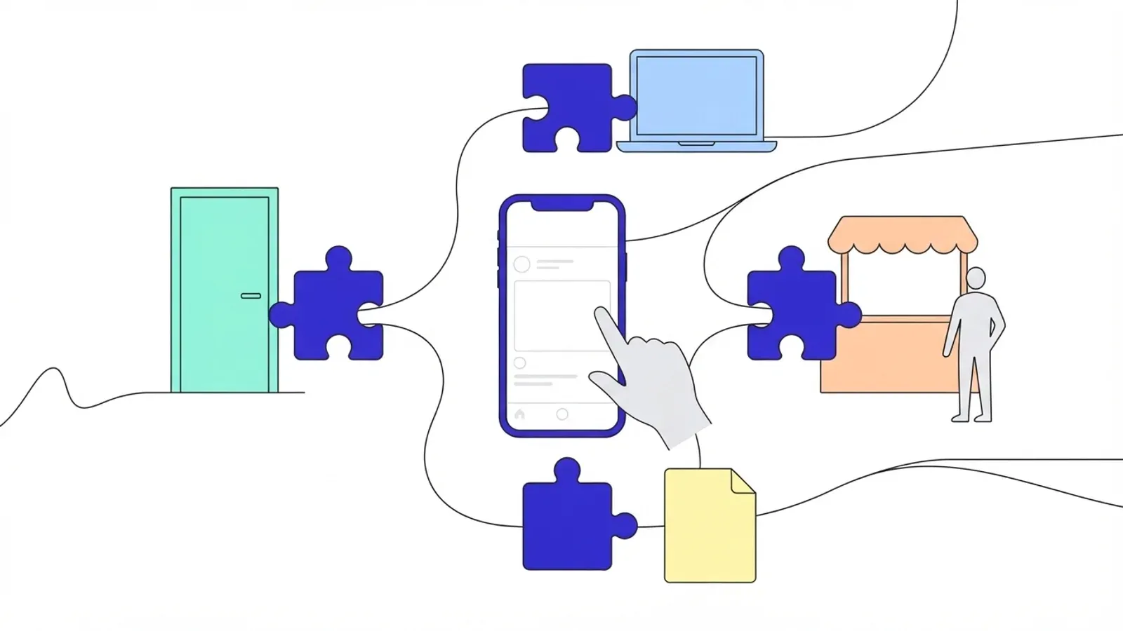 Illustration of a hand tapping a phone linked by puzzle pieces to a door, a laptop, a market stall and a document.