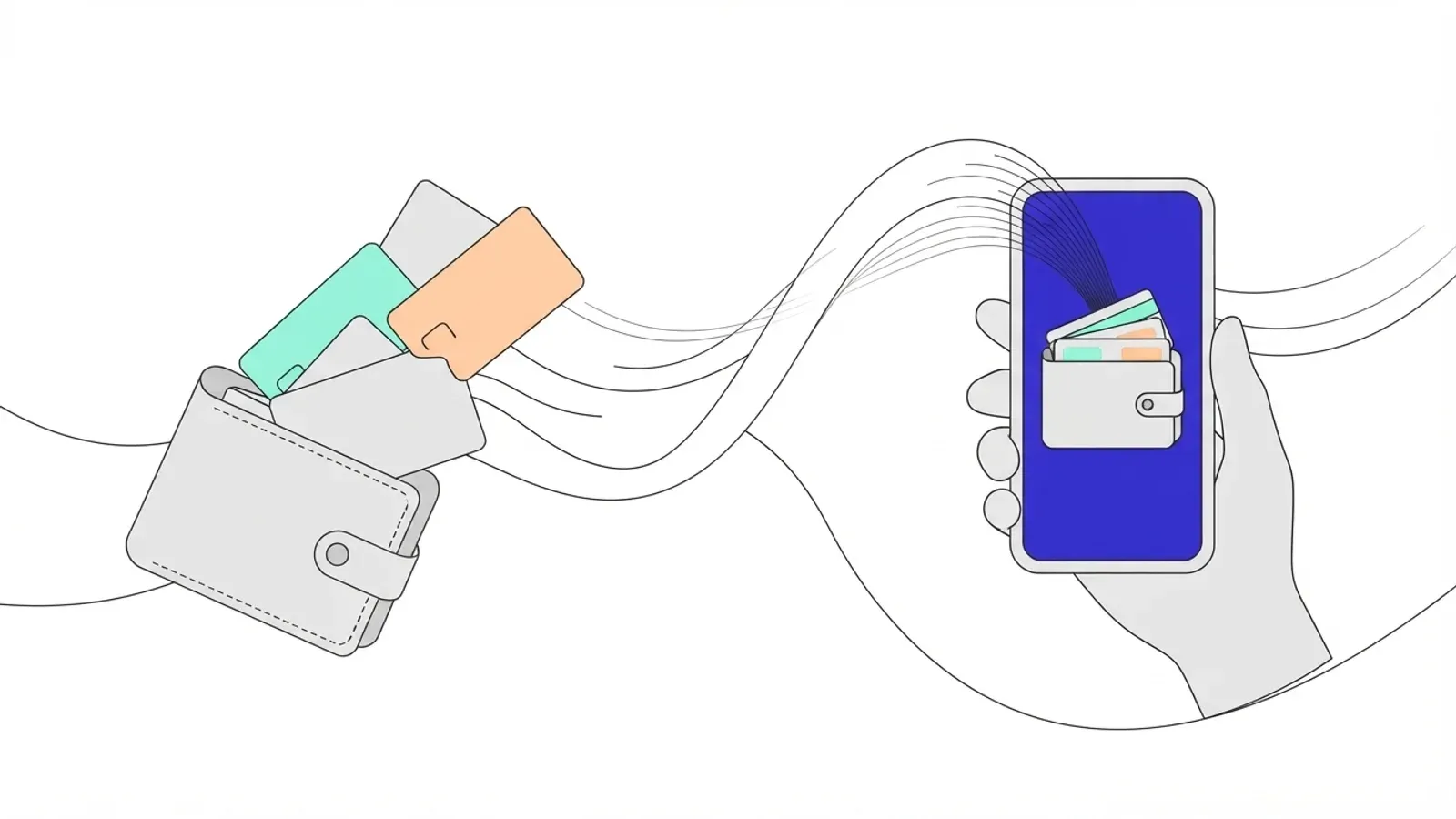 Illustration of a leather wallet spilling plastic cards along flowing lines into a phone held in a hand, which shows a digital wallet.