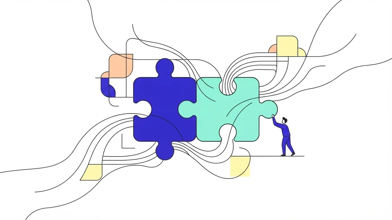 Illustration of a small person pushing an indigo puzzle piece and a mint puzzle piece together, with flowing lines running through both.