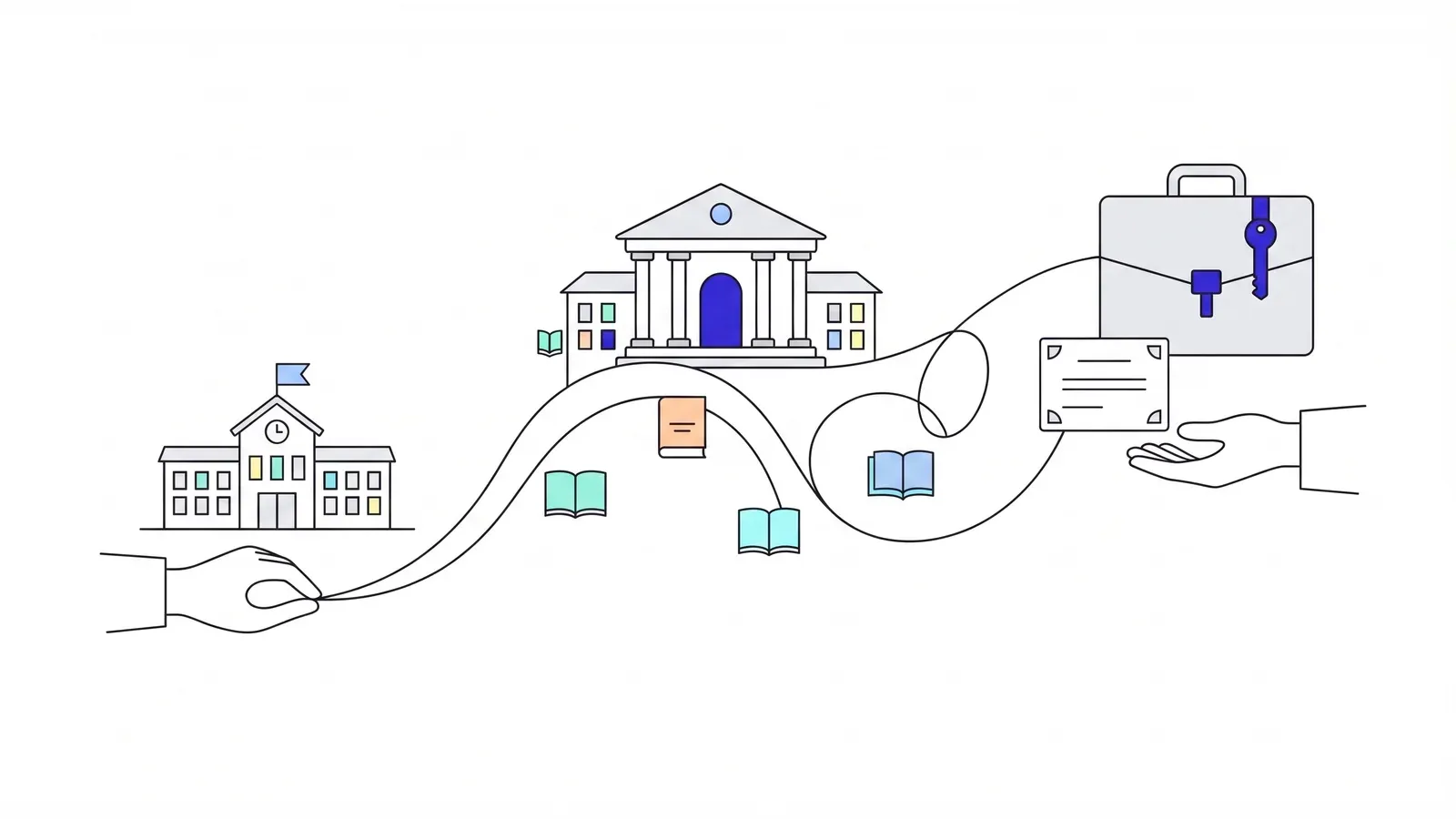 Illustration of a line running from a hand by a school, past a university and books, to a certificate and briefcase offered to another hand.