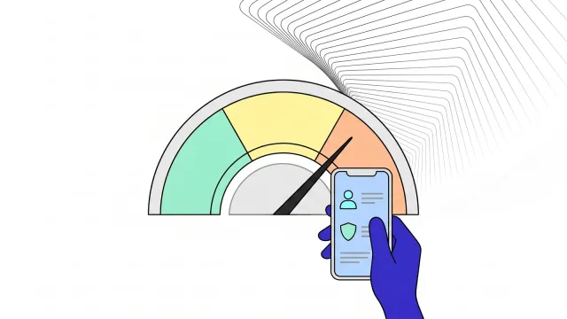 Illustration of a risk gauge pointing to high, with a hand holding up an EU Digital Identity Wallet on their mobile in front of it.