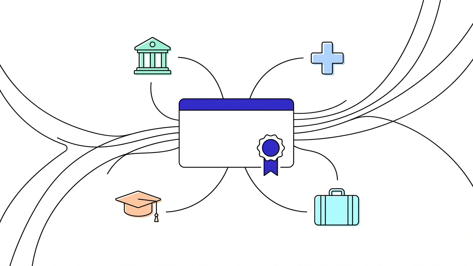 Illustration of a sealed credential card connected by flowing lines to a bank, a medical cross, a graduation cap and a suitcase.