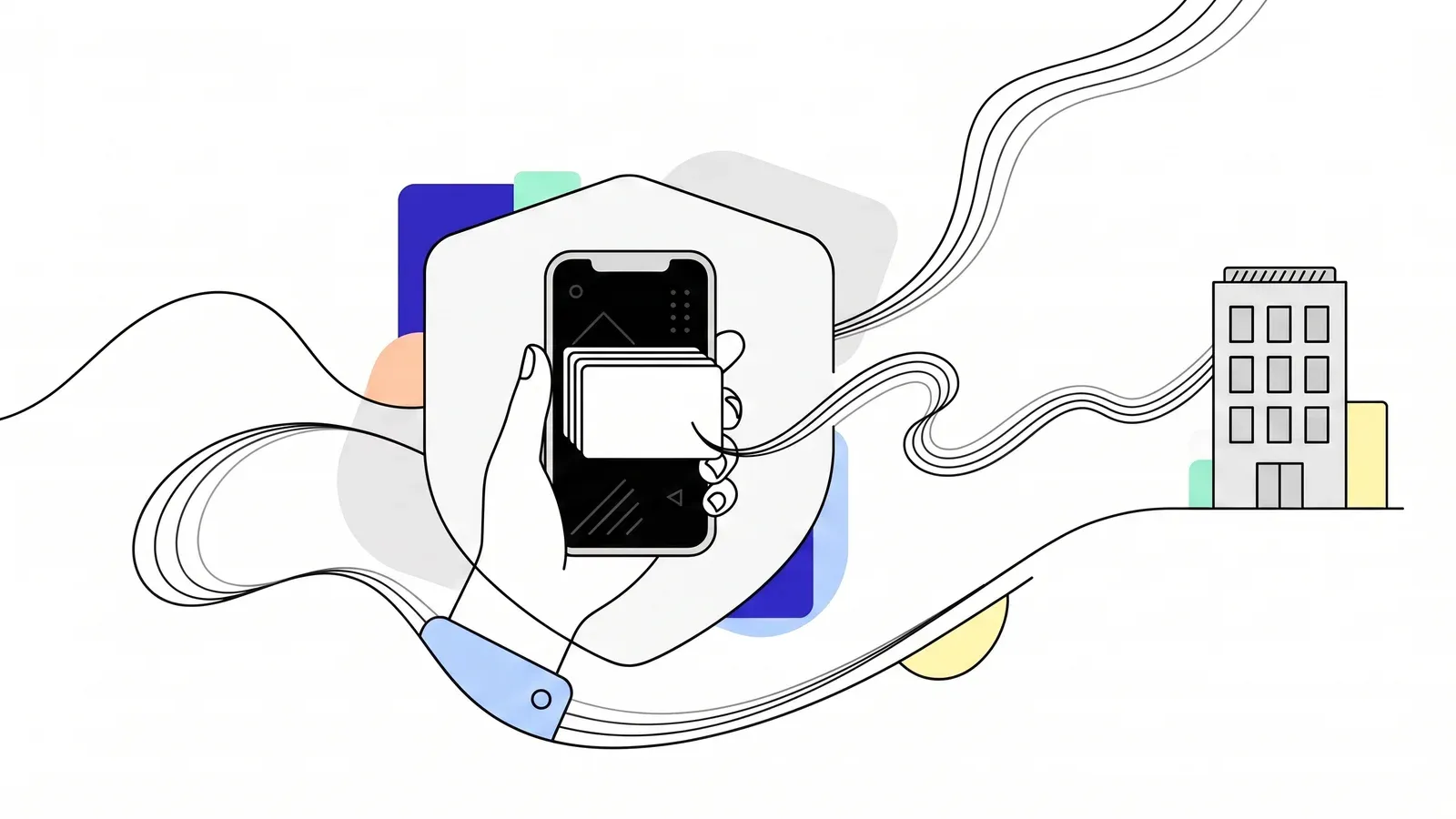 Illustration of a hand holding a phone inside a shield, sending a single card along a flowing line to an office while other cards stay protected.