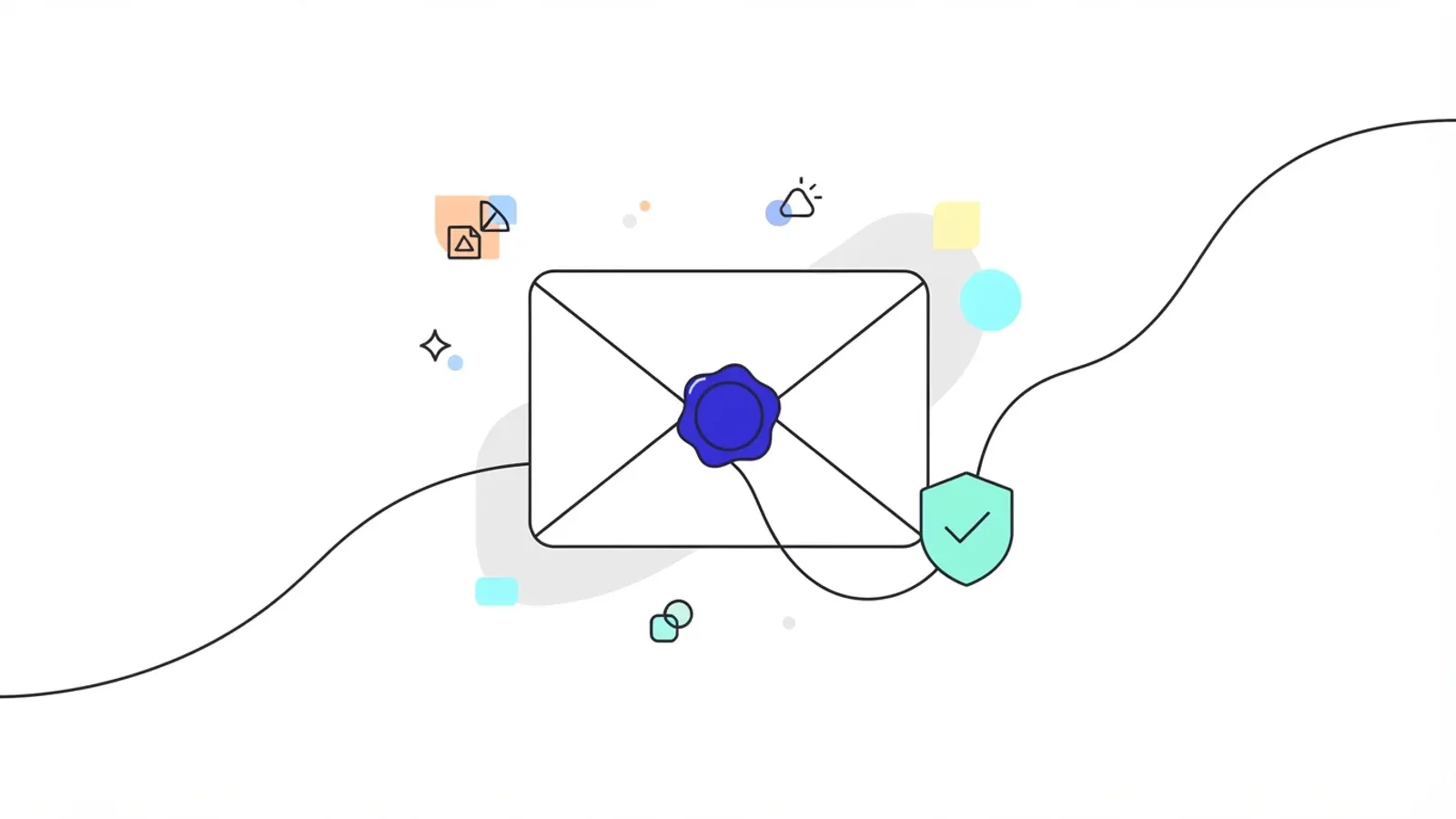 Illustration of a sealed envelope with a wax seal, linked by a flowing line to a shield with a tick, its contents kept unopened.