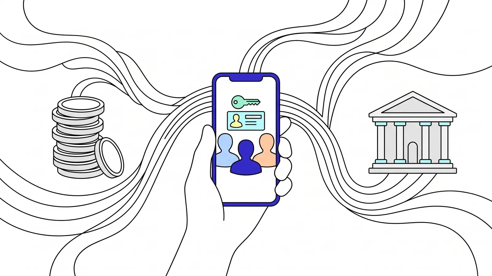 Illustration of a hand holding a phone showing a key, a credential card and personas, linked by flowing lines to a stack of coins and a bank.