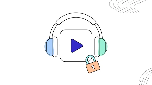 Illustration of headphones around a play button tile with a small padlock.