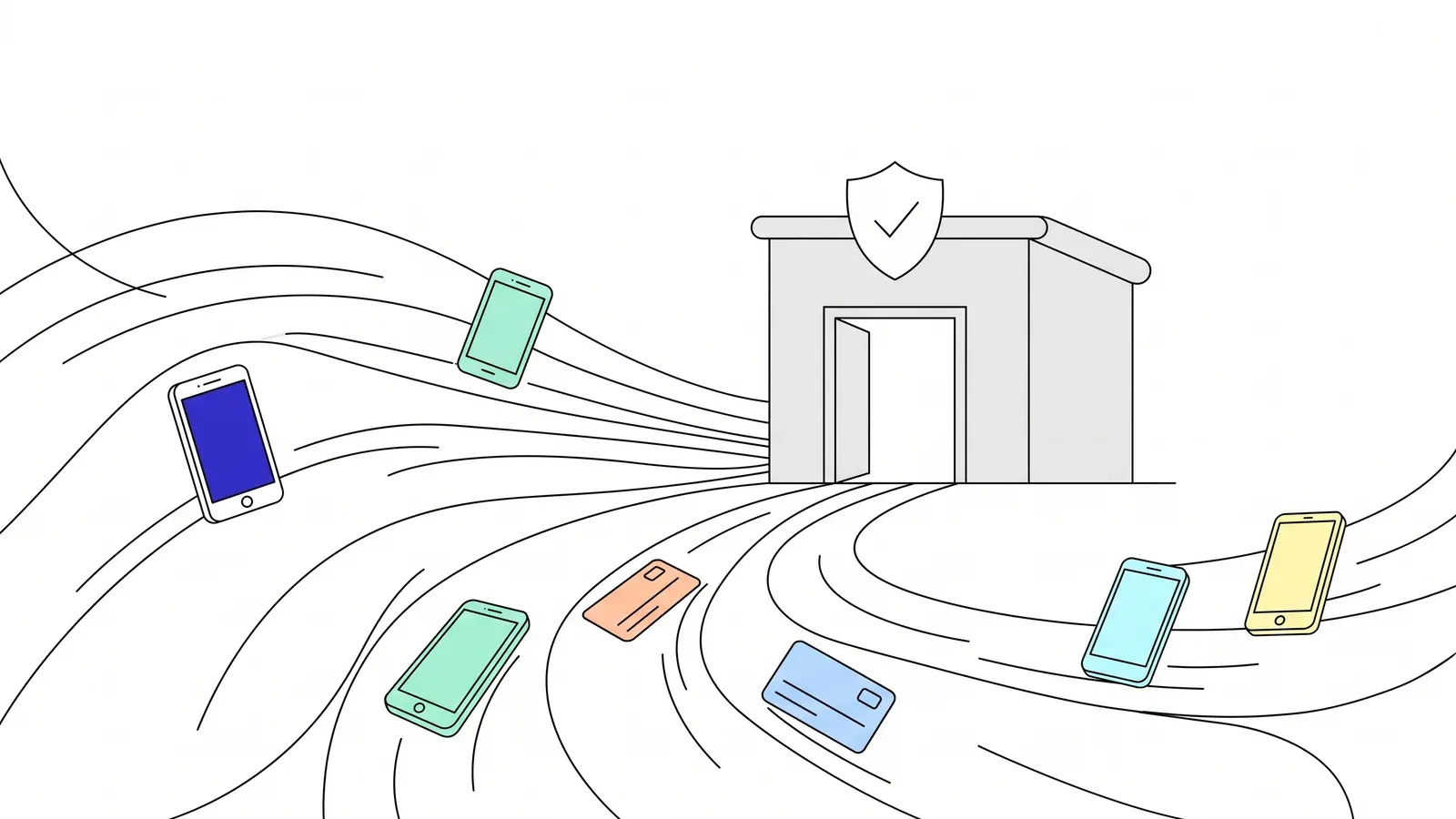Illustration of phones and credential cards in different colours flowing along curved lines into a single open doorway beneath a shield.