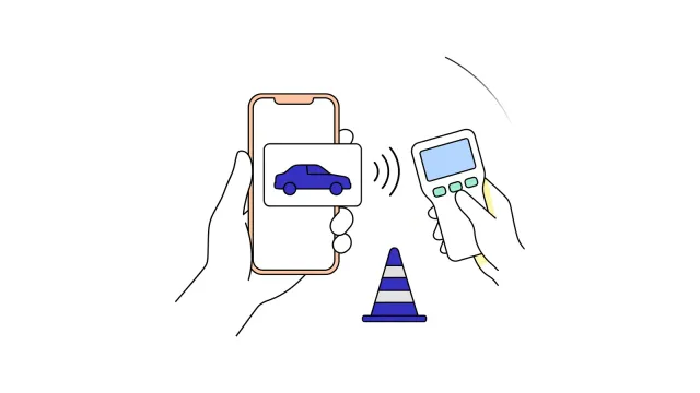 Illustration of a phone showing a digital driving licence held up to a handheld reader beside a traffic cone.