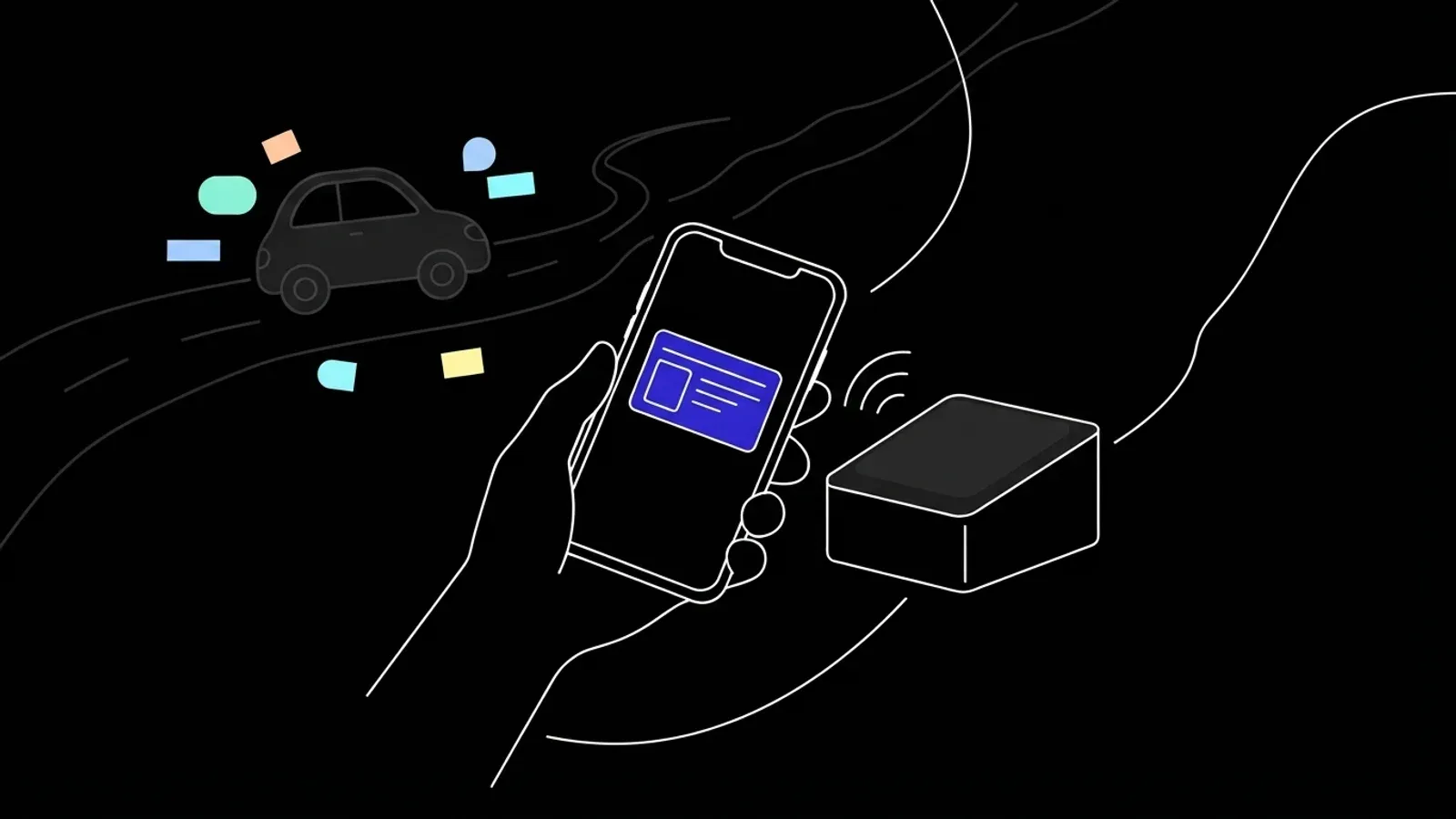 Illustration of a hand holding a phone showing a driving licence next to a reader, with a car on a road in the background.
