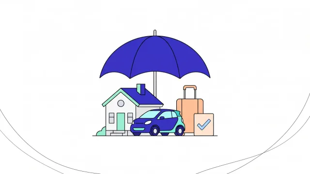 Illustration of an umbrella sheltering a house, a car and a suitcase, with a ticked card beside them.