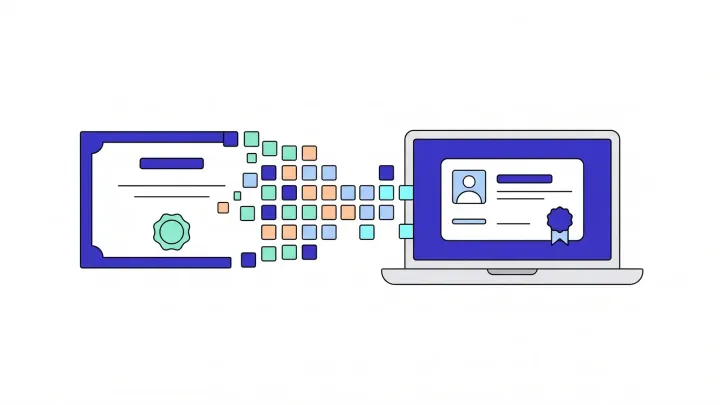 Illustration of a paper certificate breaking into small squares that reassemble as a digital credential on a laptop screen.