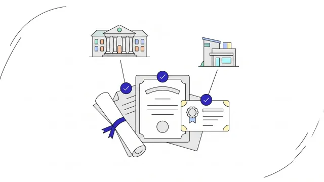 Illustration of a diploma, a degree certificate and a professional certificate, each linked to the institution that issued it and marked with a verified seal.
