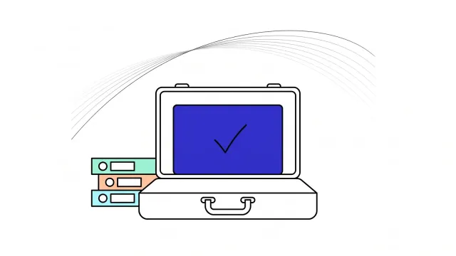Illustration of an open briefcase holding a single ticked card beside a stack of paper binders.