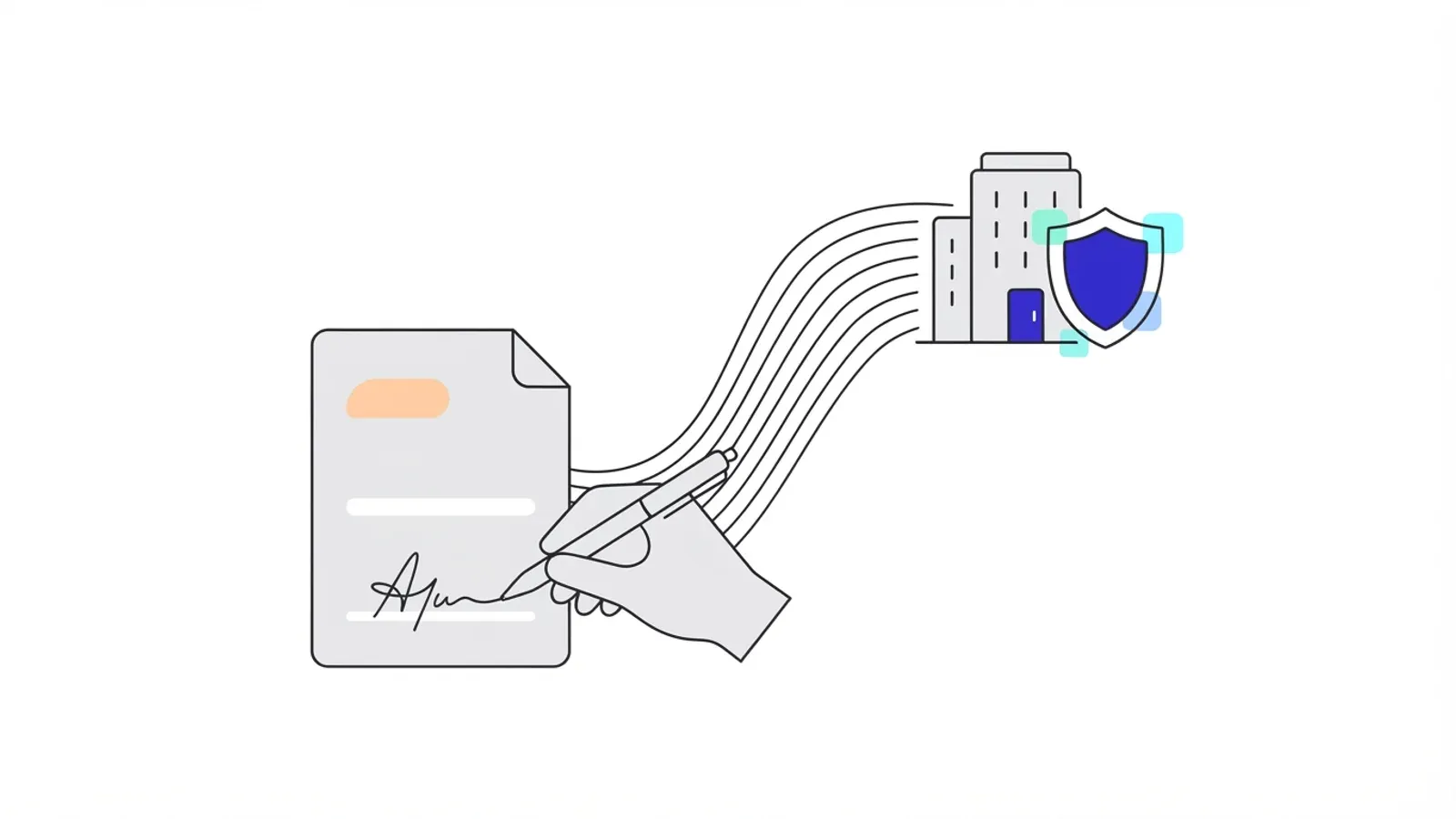 Illustration of a hand signing a document, with flowing lines carrying the signature to an office building marked with a shield.