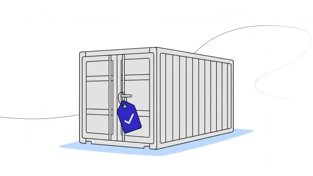 Illustration of a shipping container with a ticked tag hanging from its door.