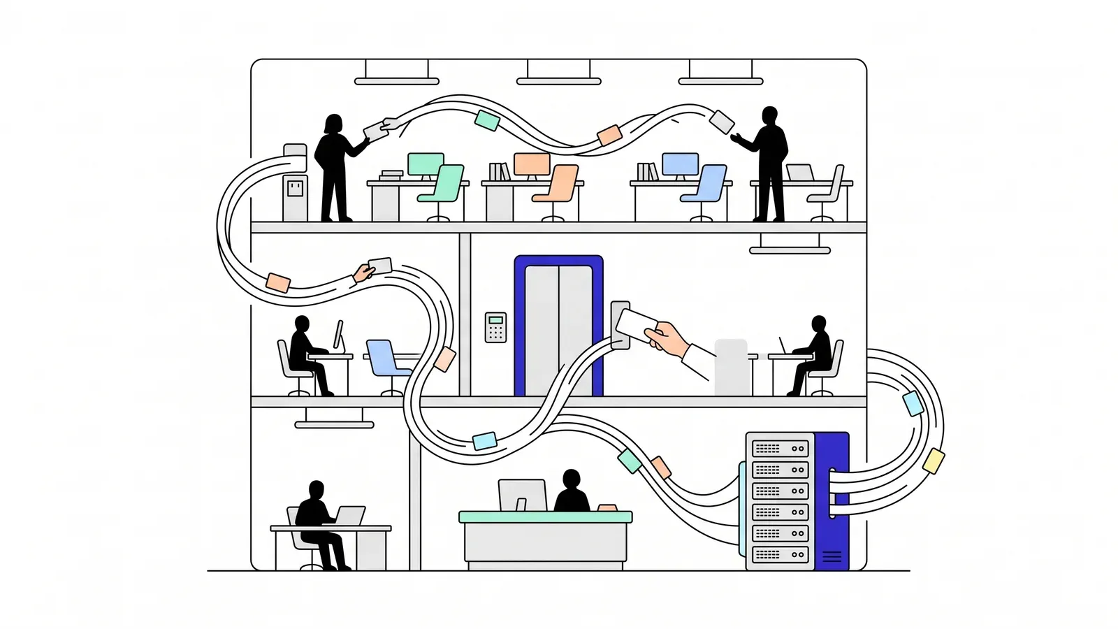 Illustration of an office building cut away to show credentials flowing between desks, a door and a server rack.