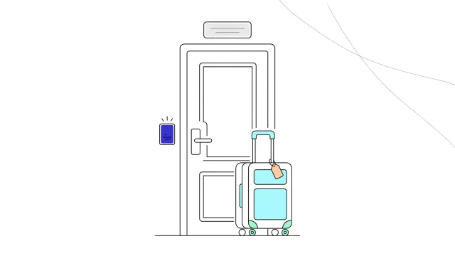 Illustration of a hotel room door with a glowing card reader and a suitcase waiting outside.