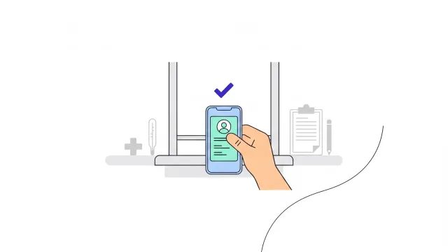 Illustration of a hand holding a phone with a ticked health card, between a medical cross, a thermometer and a clipboard.