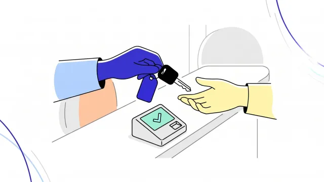 Illustration of a car key handed across a hire desk, with a reader on the counter showing a tick.