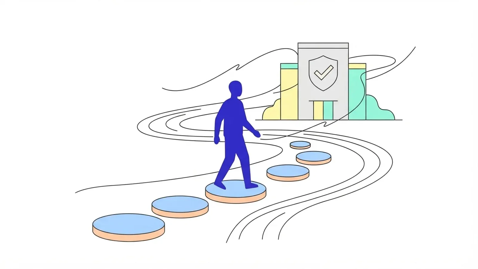 Illustration of a person walking along stepping stones towards a building marked with a shield and tick.