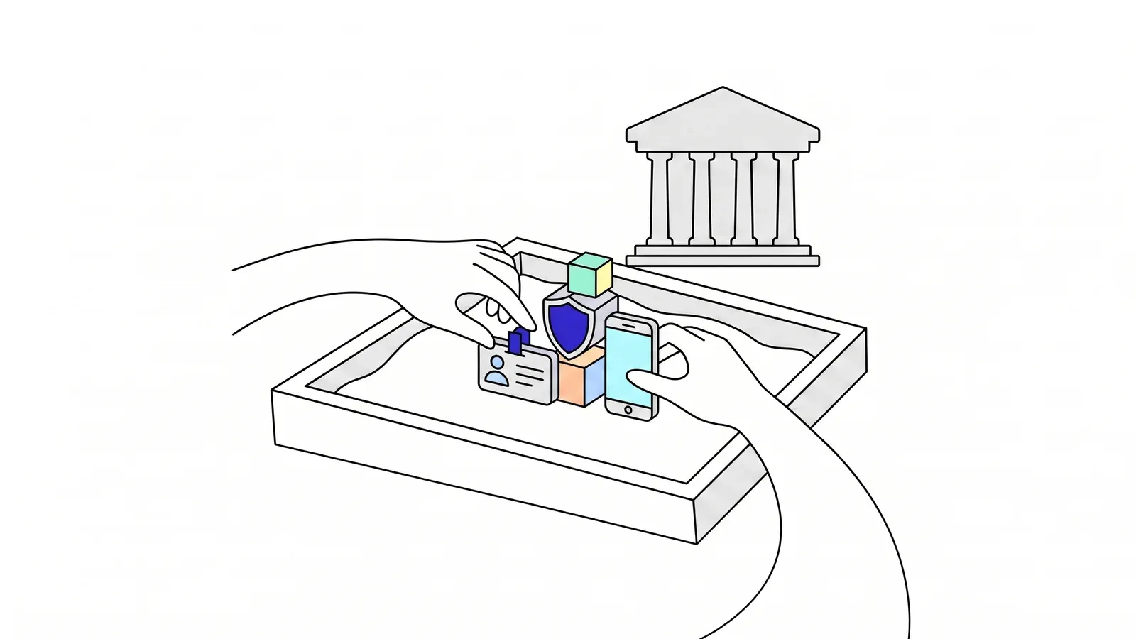 Illustration of two hands building a credential, shield and phone from blocks inside a sandbox, with a government building behind it.