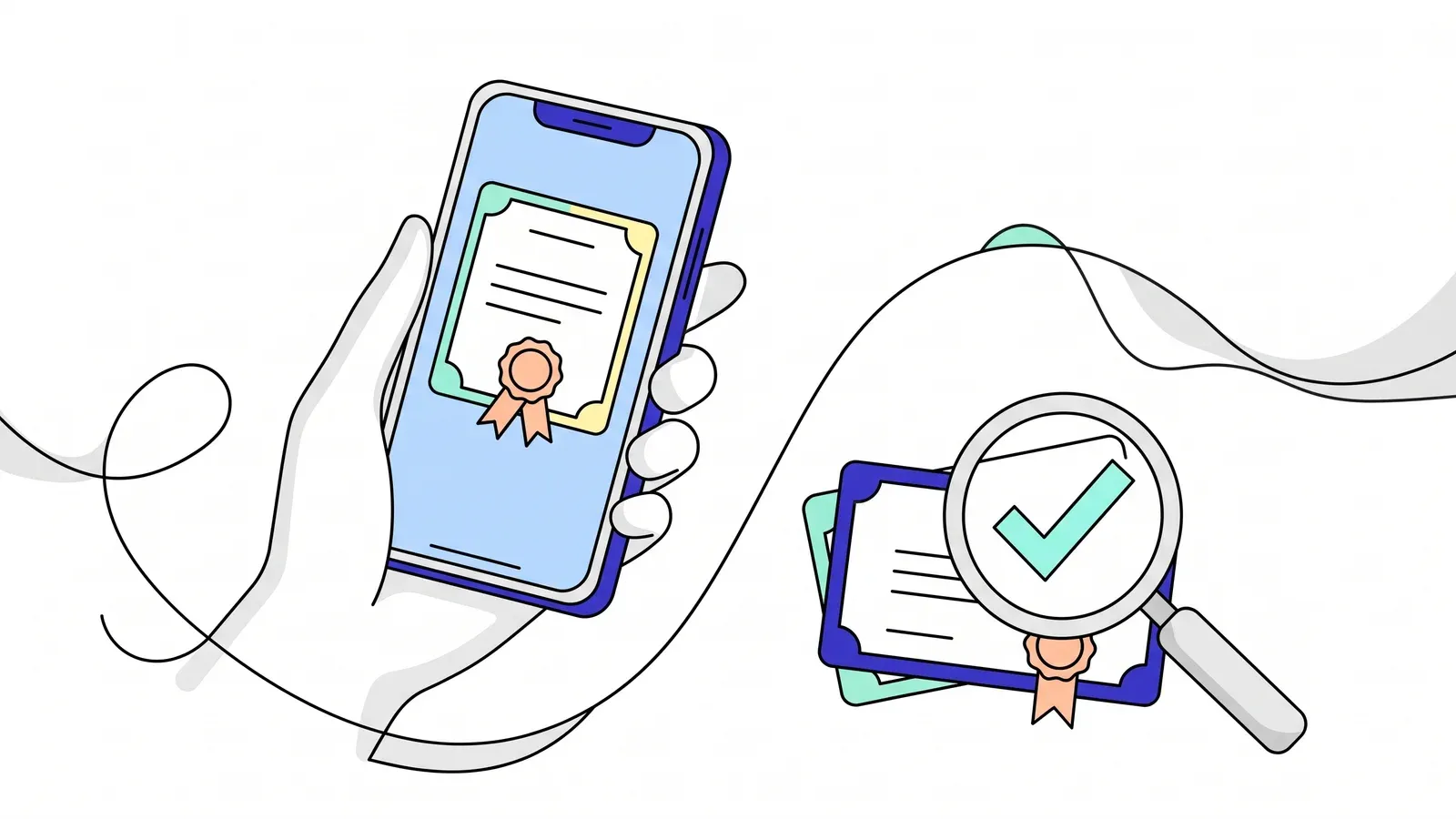 Illustration of a phone showing a certificate with a ribbon seal, linked by a flowing line to a magnifying glass over a ticked copy.