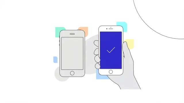 Illustration of an old phone set aside as a hand holds a new phone showing a ticked credential, for the same customer on a new device.