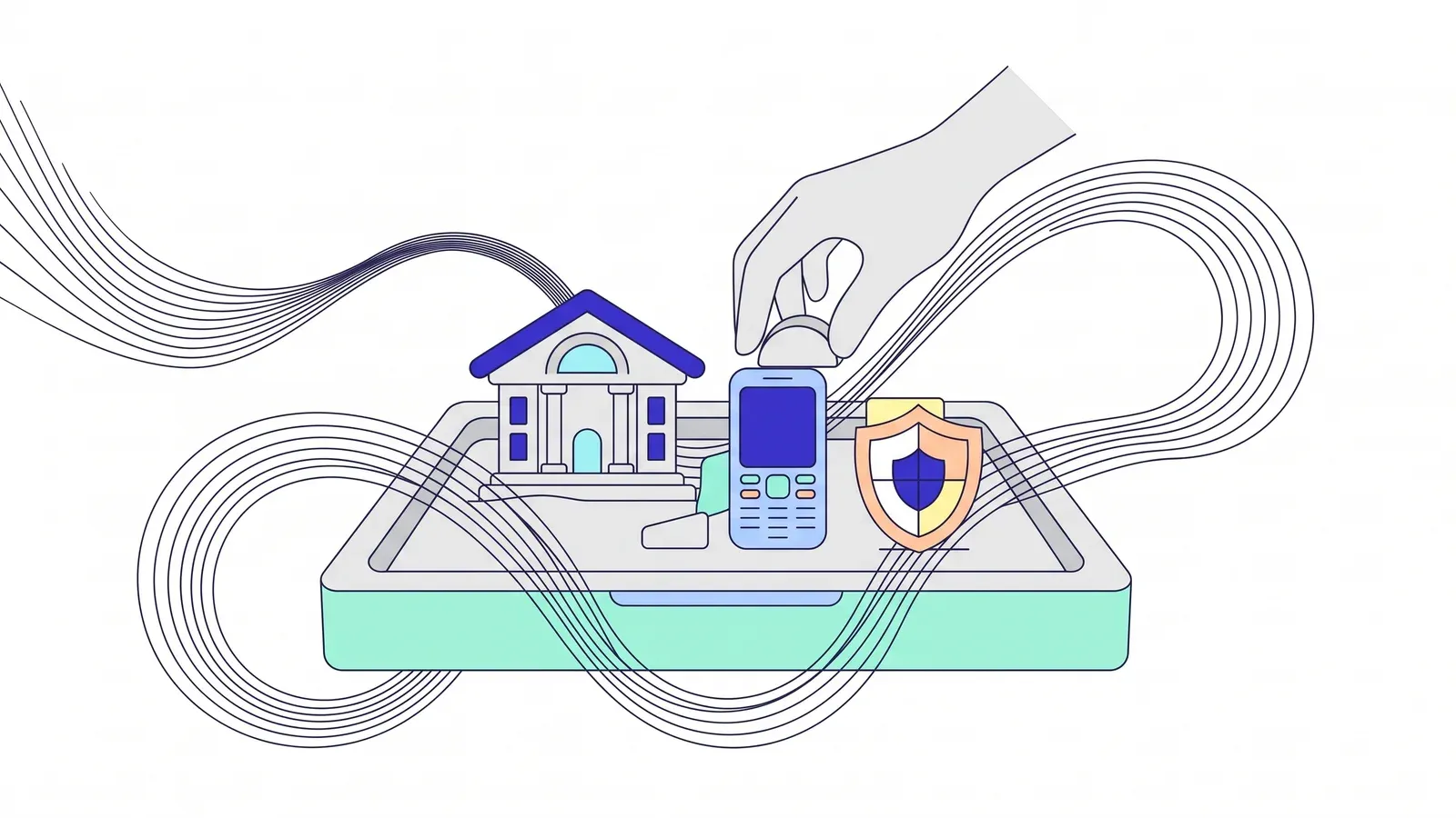 Illustration of a hand placing a token into a sandbox tray that holds a bank, a mobile phone and a shield, wrapped in flowing lines.