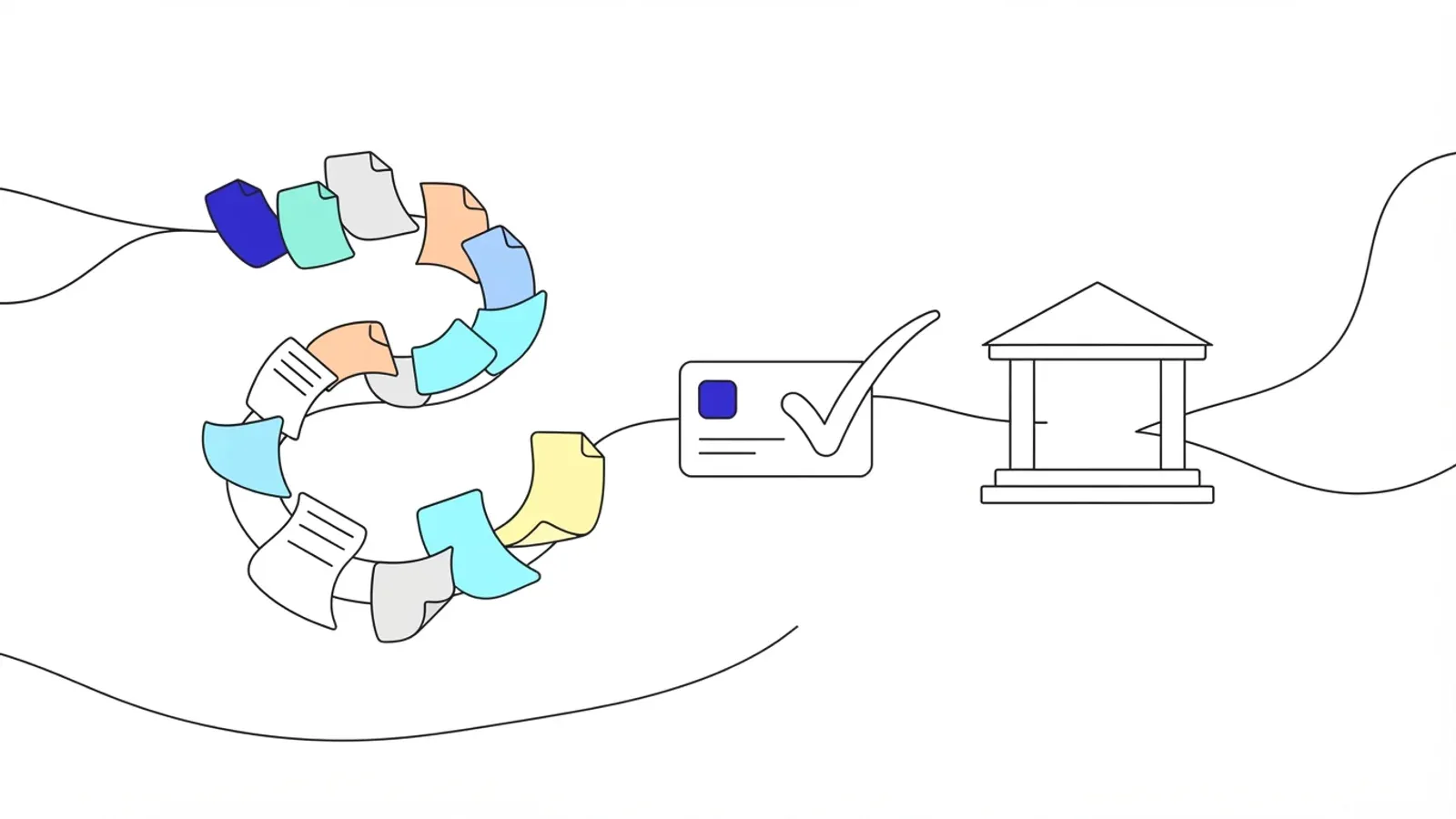 Illustration of a long spiral of paper documents leading to a single ticked credential card, linked by a line to a bank.