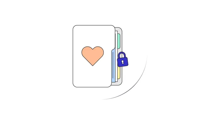 Illustration of a medical records folder with a heart on the cover and a padlock on its edge.