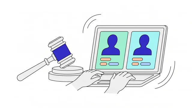Illustration of a gavel beside a laptop showing a remote hearing with two people.