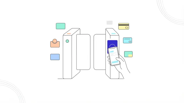 Illustration of a hand holding a phone with a travel credential up to an automated border gate.