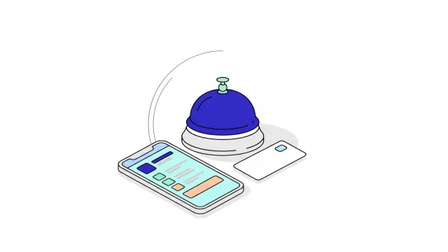 Illustration of a concierge bell on a counter beside a hotel key card and a Digital Identity Wallet on a mobile screen.