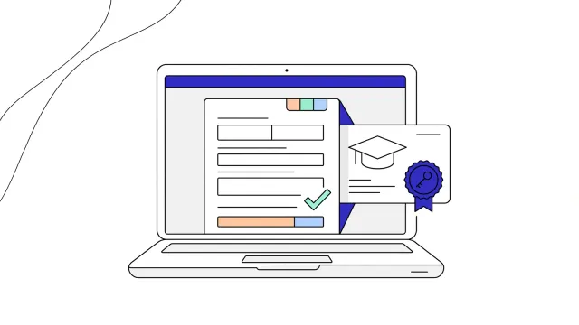 Illustration of a credential card with a digital signature seal sliding into an online application form.