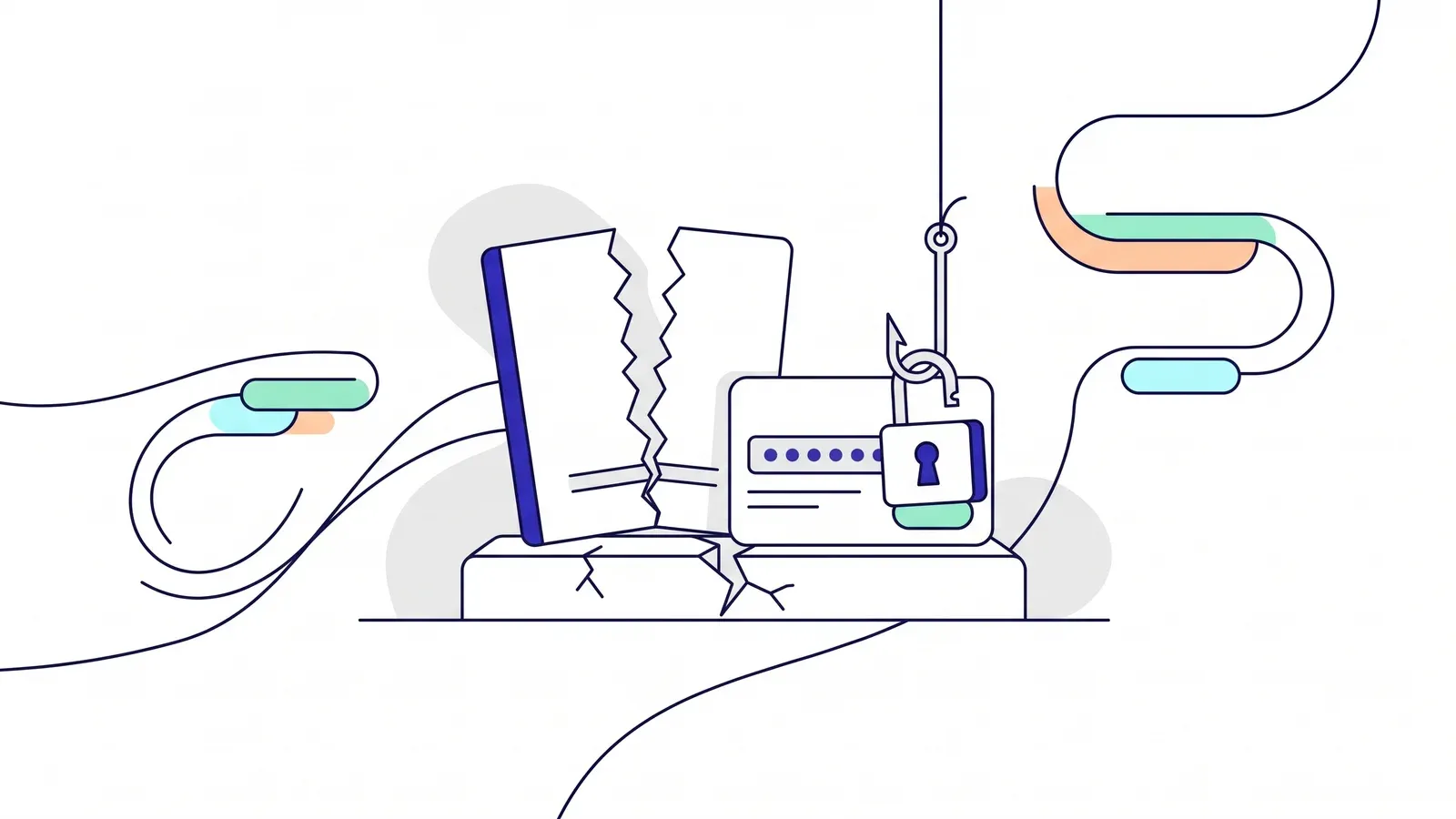 Illustration of a torn identity document and a password login with an open padlock breaking on one cracked plinth, under a dangling phishing hook.
