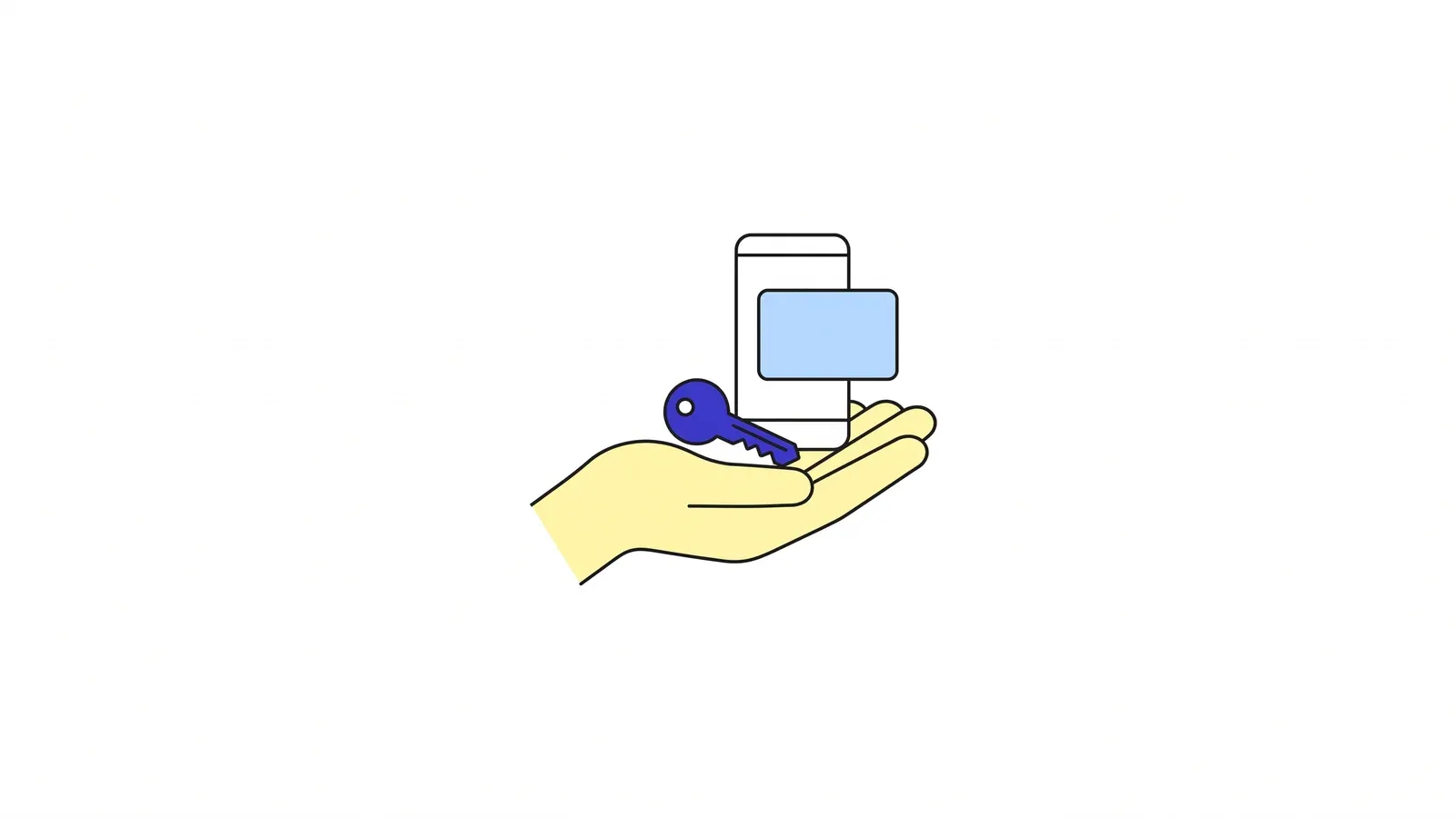 Illustration of an open hand holding a key and a phone credential.