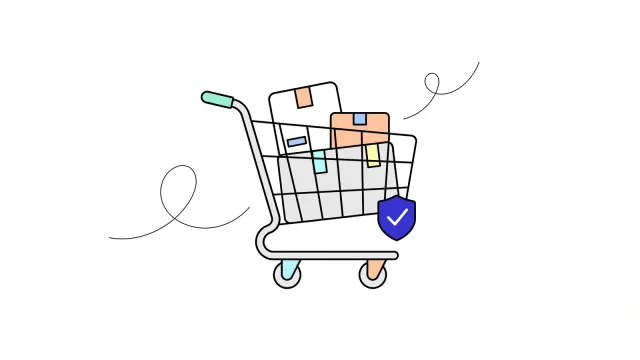 Illustration of a shopping trolley holding two parcels, with a shield and tick on its front.