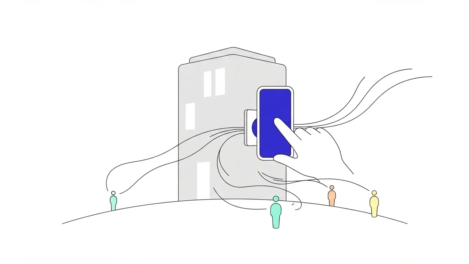 Illustration of a hand holding a phone against a small building, with flowing lines spreading out to people standing on the ground around it.