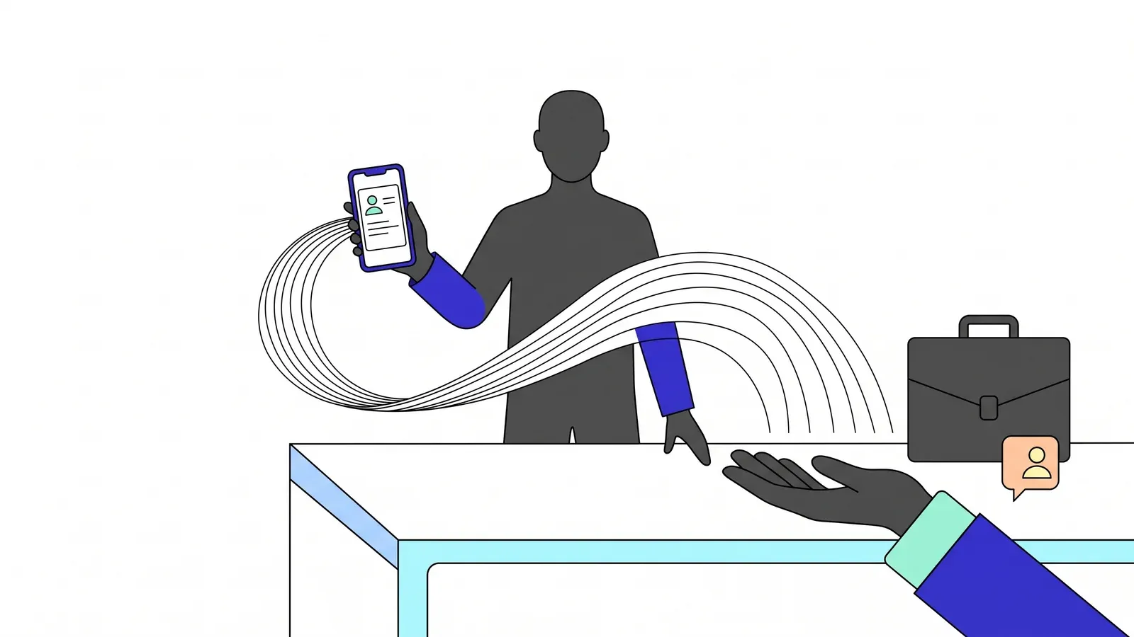 Illustration of a faceless candidate holding a phone, sending a credential card along a flowing line to a recruiter's hand beside a briefcase.