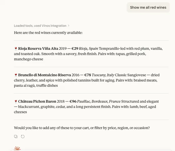 Chat with the AI agent: the customer asks to see all red wines and the agent lists three from the Vinos shop, with prices and tasting notes