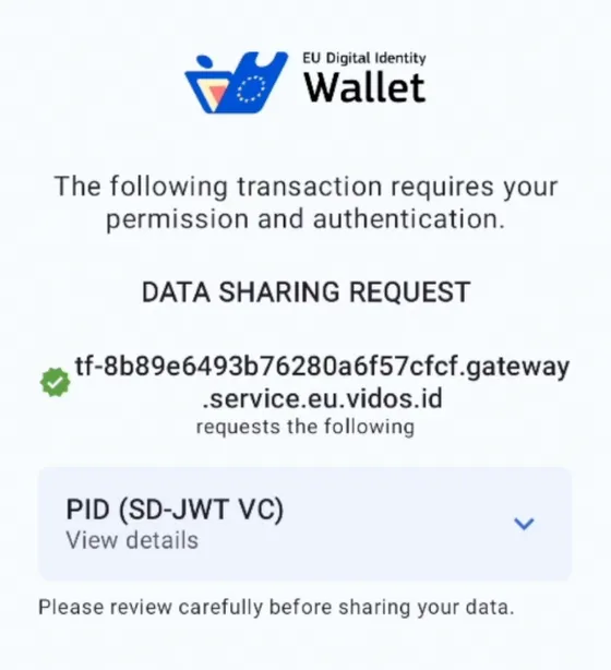 EU Digital Identity Wallet data sharing request from the Vidos gateway, asking the customer to approve sharing their PID (SD-JWT VC)