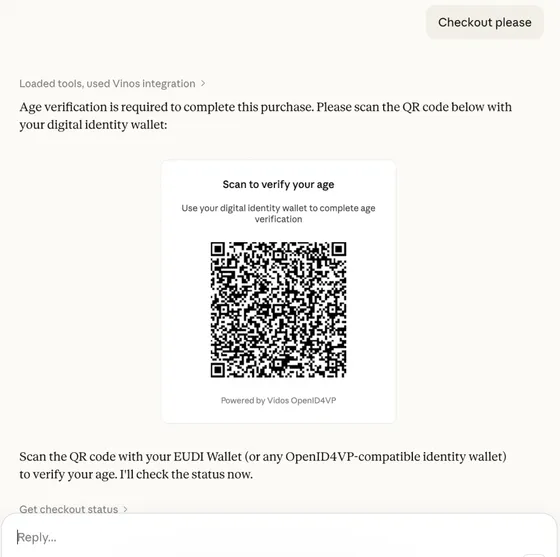 Chat with the AI agent: after the customer asks to check out, the agent says age verification is required and shows a QR code to scan with a digital identity wallet